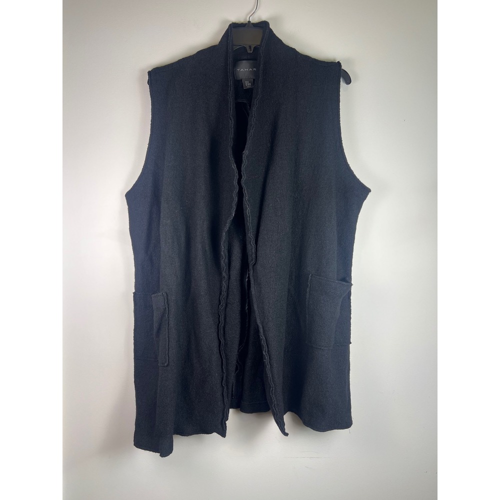 Tahari Womens Black Knit Wool Blend Long Vest Sleeveless Open Front Pockets 2X